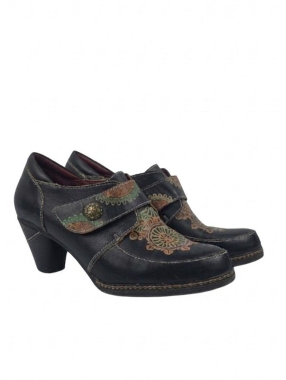 L'Artiste Boho Kekie Black Tooled Leather Colorful Floral Women's Shoes Size 9